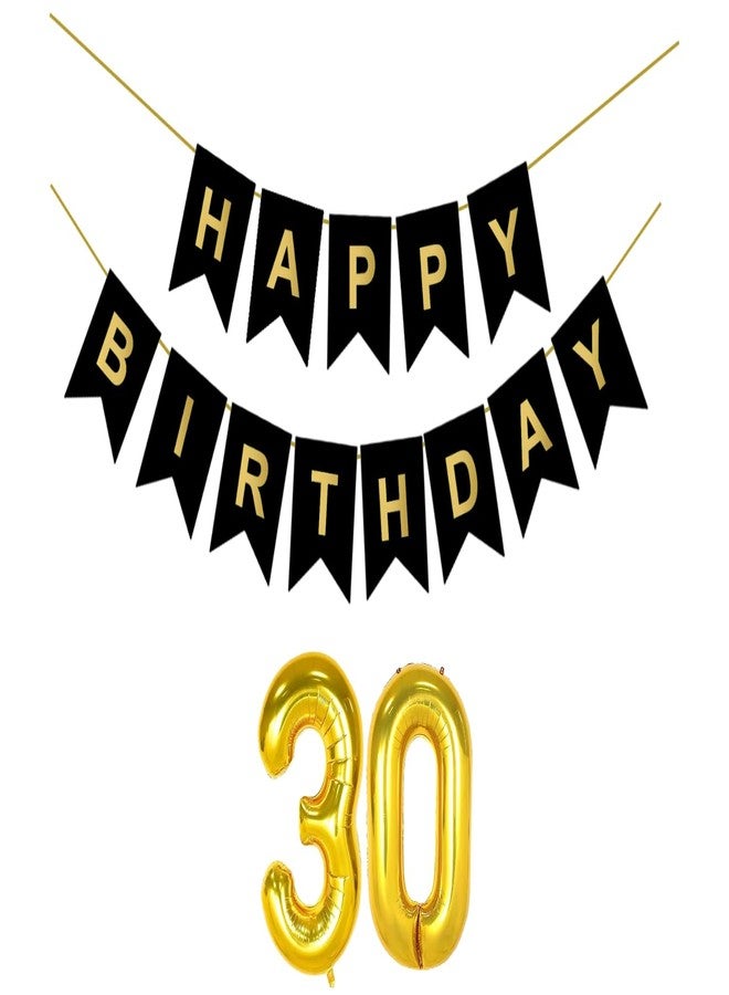 Flyloons 30th Black Colour Happy Birthday Banner Decoration Kit for 30 year Old Boys Girls Baby | with Number Thirty | 13 Pcs Reusable Cardstock Happy Birthday Paper Banner